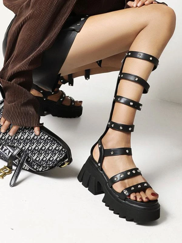 Women's Flatform Sandals Black Rivets PU Leather Gladiator Sandals - Image 2
