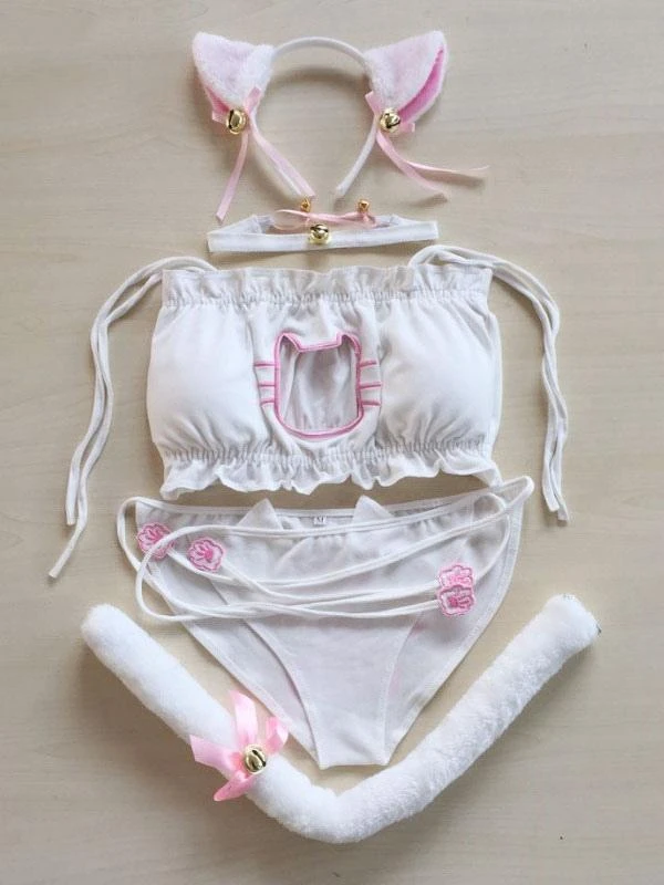 Sweet Lolita Underwear 2-Piece Set Black Lace Up Pants Sleeveless Top Cat Costumes Outfits - Image 2