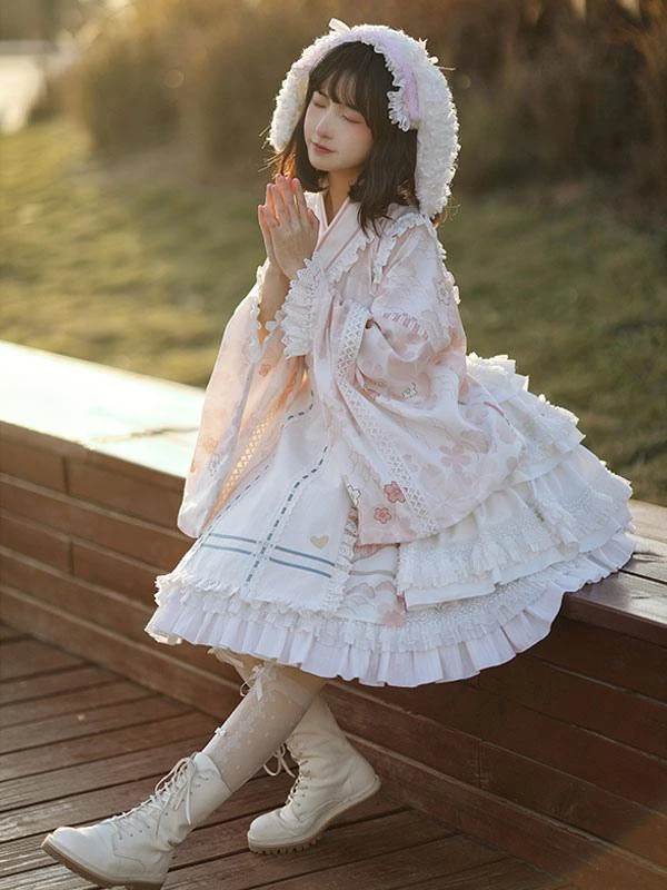 Japanese Style Lolita OP Dress Long Sleeve Floral Print Pink Bows Sweet Lolita One Piece Dresses - Image 3