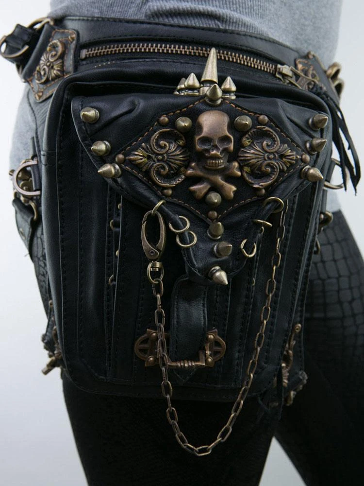 Steampunk Lolita Handbag Black PU Leather Rivets Skeleton Waist Pack Gothic Lolita Accessories - Image 5