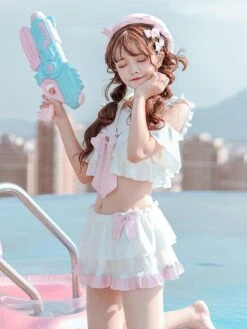 Sweet Lolita Outfits Pink Bows Short Sleeves Top Ruffles Skirt 2-Piece Set
