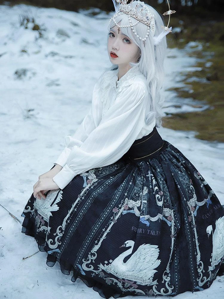 Sweet Lolita SK Dress Swan Pattern Ruffles Polyester Back Lolita Skirts - Image 2