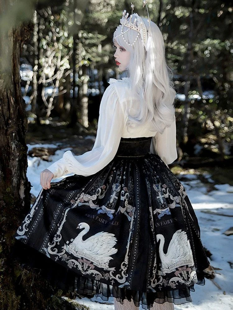 Sweet Lolita SK Dress Swan Pattern Ruffles Polyester Back Lolita Skirts - Image 3