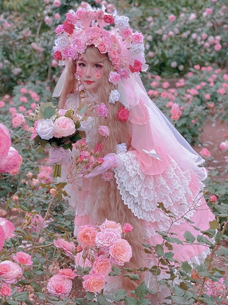 Sweet Lolita OP Dress Chiffon Long Sleeves Bows Ruffles Lace Up Pink Lolita One Piece Dress - Image 2