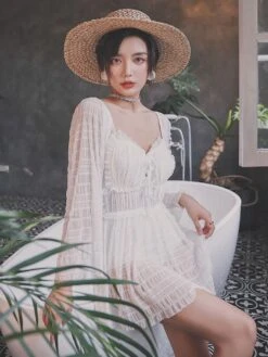 Sweet One Piece Swimsuit Lace Up Long Sleeve White Lolita Cute Jumpsuit For Women