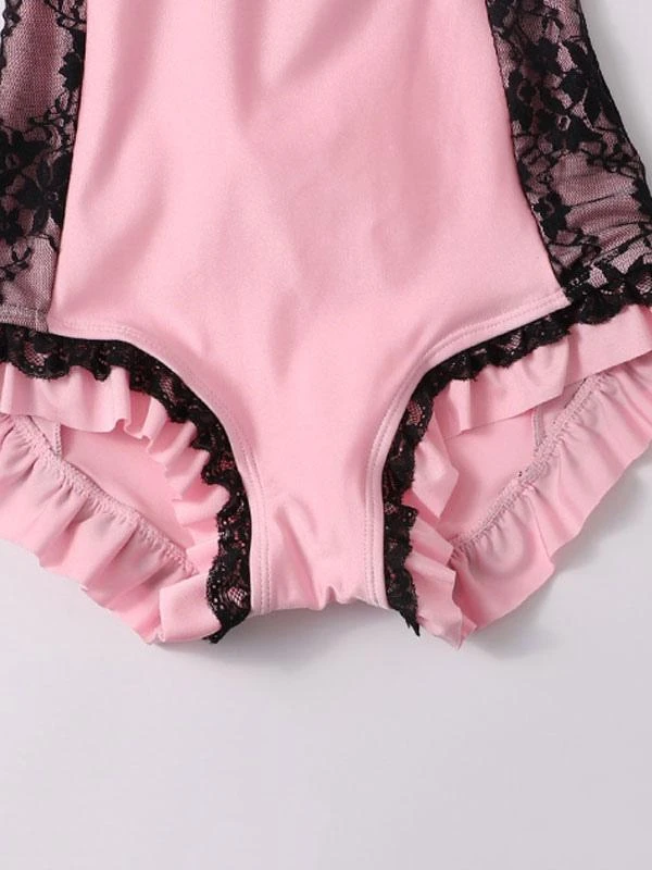 Sweet One Piece Swimsuit Hearts Pattern Lace Ruffles Bows Pink Lolita Kawaii Jumpsuit For Women - Image 6