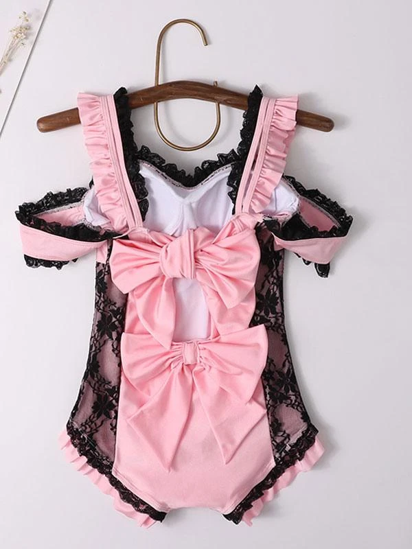 Sweet One Piece Swimsuit Hearts Pattern Lace Ruffles Bows Pink Lolita Kawaii Jumpsuit For Women - Image 5