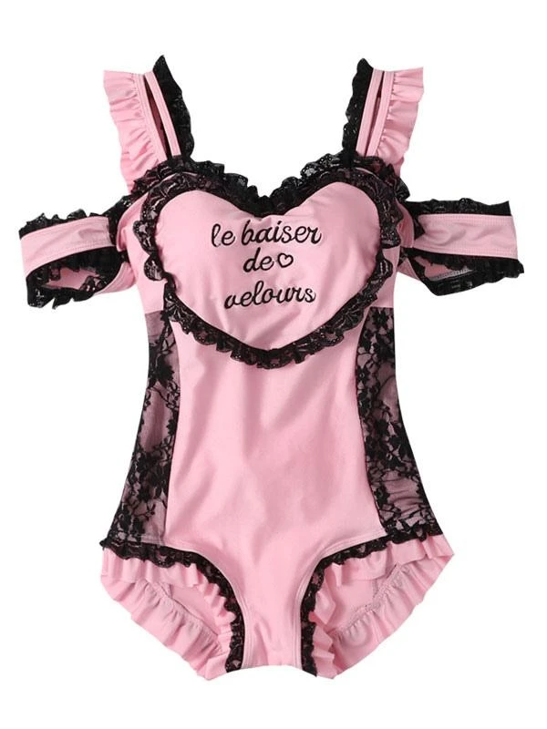 Sweet One Piece Swimsuit Hearts Pattern Lace Ruffles Bows Pink Lolita Kawaii Jumpsuit For Women - Image 4