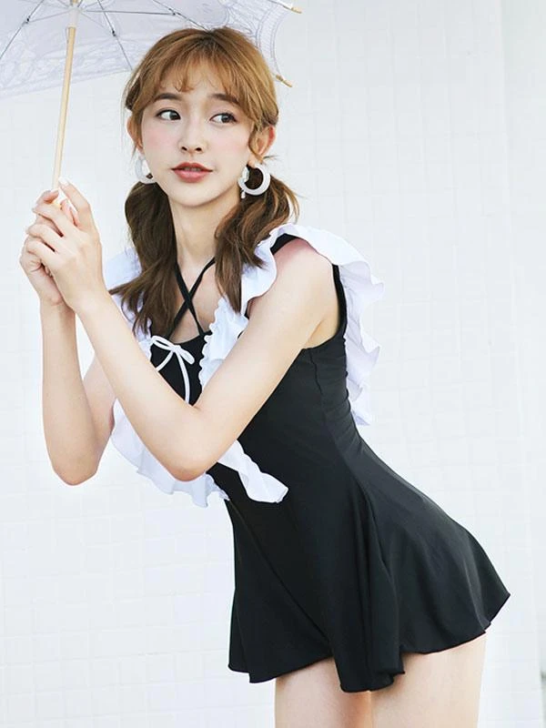 Sweet One Piece Swimsuit Backless Lace Up Ruffles Black Lolita Cute Jumpsuit For Women - Image 3