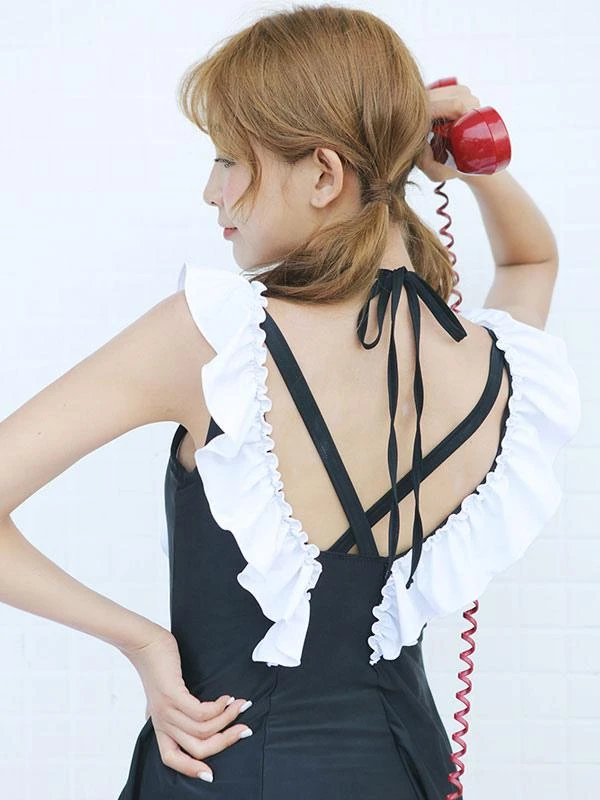 Sweet One Piece Swimsuit Backless Lace Up Ruffles Black Lolita Cute Jumpsuit For Women - Image 5