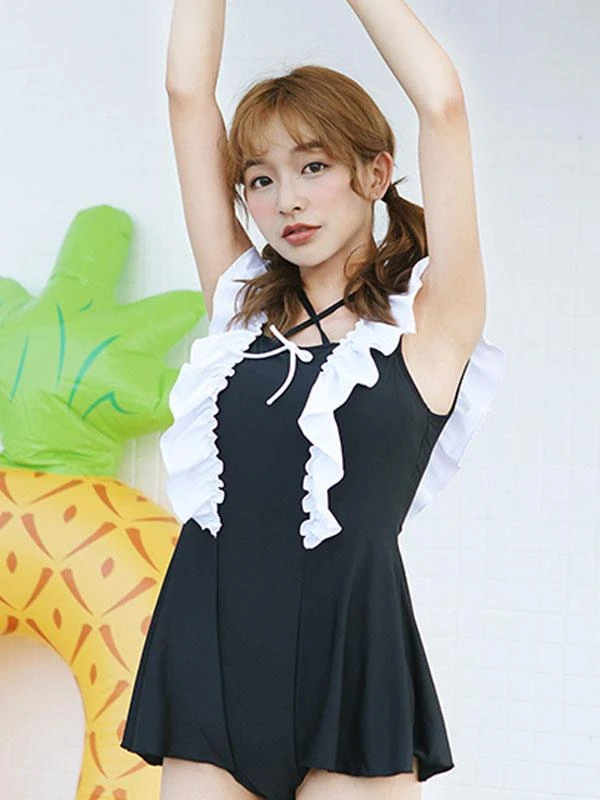 Sweet One Piece Swimsuit Backless Lace Up Ruffles Black Lolita Cute Jumpsuit For Women - Image 2