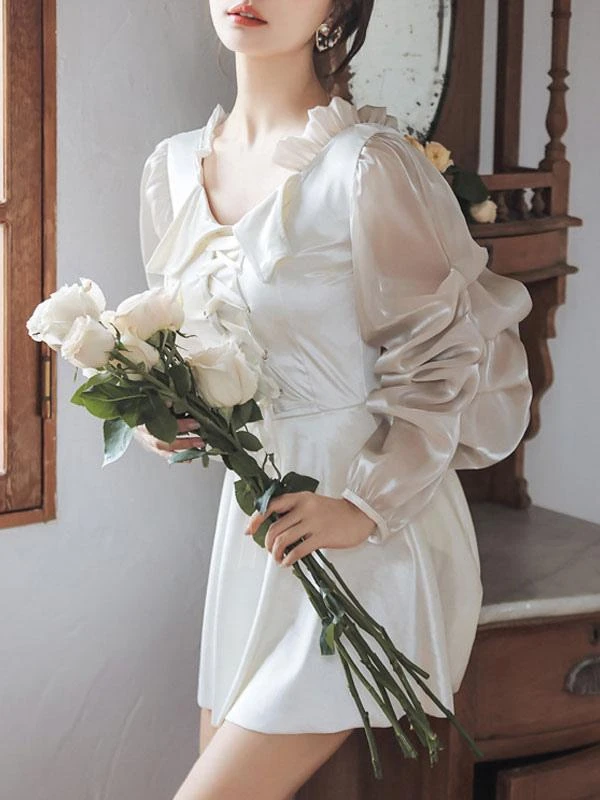 Sweet One Piece Swimsuit Lace Up Backless Long Sleeves White Lolita Cute Jumpsuit For Women