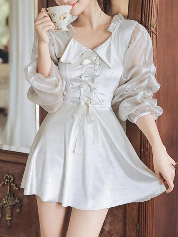 Sweet One Piece Swimsuit Lace Up Backless Long Sleeves White Lolita Cute Jumpsuit For Women - Image 2
