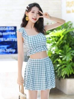 Sweet Swimsuits 2-Piece Set Plaid Ruffles Lolita Cute Bathing Suits For Women