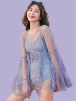 Sweet One Piece Swimsuit 2-Piece Set Ruffles Lace Up Glitter Blue Lolita Cute Jumpsuit For Women