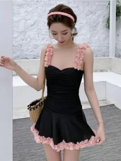 Sweet Swimsuits 2-Piece Set Flowers Lace Black Lolita Cute Bathing Suits For Women