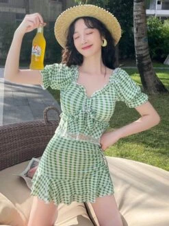 Sweet Swimsuits 2-Piece Set Plaid Bows Lace Short Sleeves Lolita Cute Bathing Suits For Women