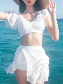 Sweet Swimsuits 3-Piece Set Ruffles Short Sleeve Lolita Cute Bathing Suits For Women