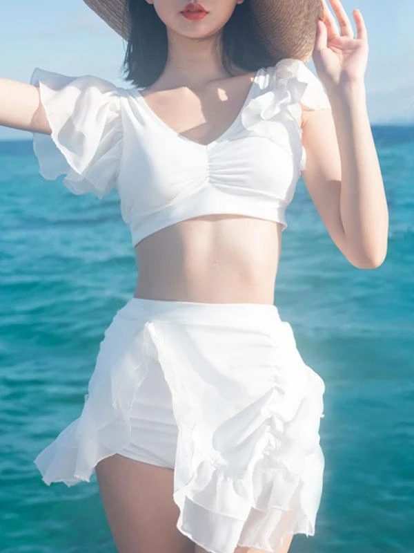 Sweet Swimsuits 3-Piece Set Ruffles Short Sleeve Lolita Cute Bathing Suits For Women