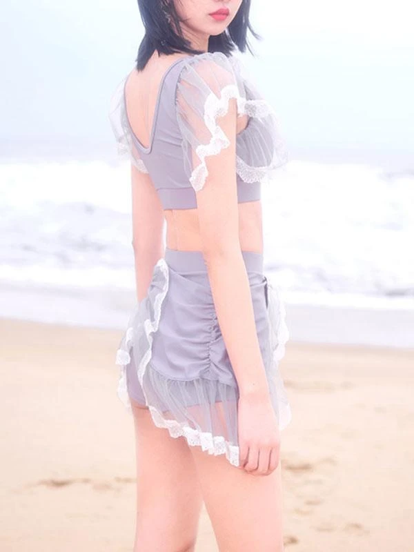 Sweet Swimsuits 3-Piece Set Ruffles Short Sleeve Lolita Cute Bathing Suits For Women - Image 5