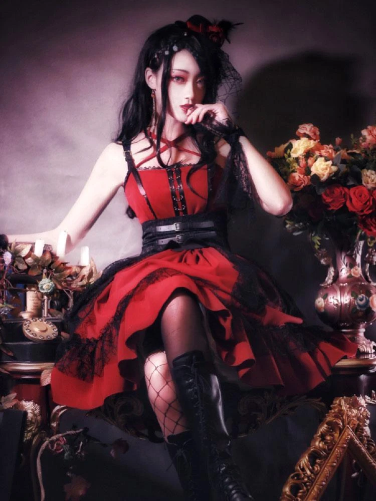 Gothic Lolita JSK Dress Burgundy Polyester Sleeveless Grommets Lace Lace Up Criss-Cross Red Lolita Jumper Skirts