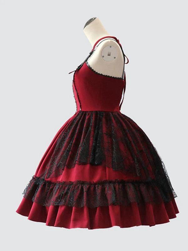 Gothic Lolita JSK Dress Burgundy Polyester Sleeveless Grommets Lace Lace Up Criss-Cross Red Lolita Jumper Skirts - Image 7