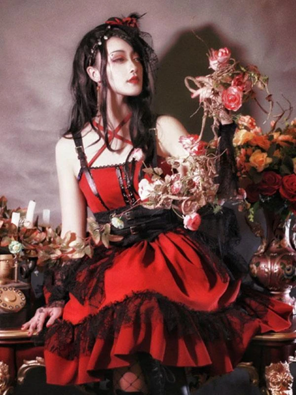 Gothic Lolita JSK Dress Burgundy Polyester Sleeveless Grommets Lace Lace Up Criss-Cross Red Lolita Jumper Skirts - Image 2