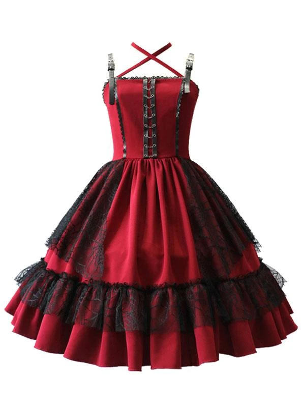 Gothic Lolita JSK Dress Burgundy Polyester Sleeveless Grommets Lace Lace Up Criss-Cross Red Lolita Jumper Skirts - Image 5