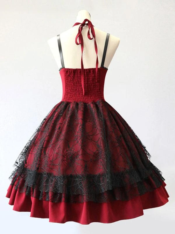 Gothic Lolita JSK Dress Burgundy Polyester Sleeveless Grommets Lace Lace Up Criss-Cross Red Lolita Jumper Skirts - Image 6