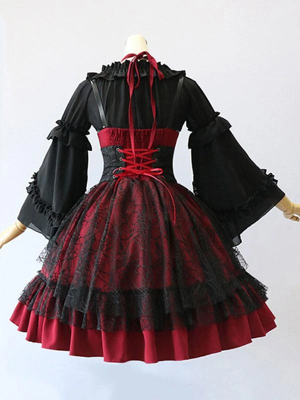 Gothic Lolita JSK Dress Burgundy Polyester Sleeveless Grommets Lace Lace Up Criss-Cross Red Lolita Jumper Skirts - Image 4