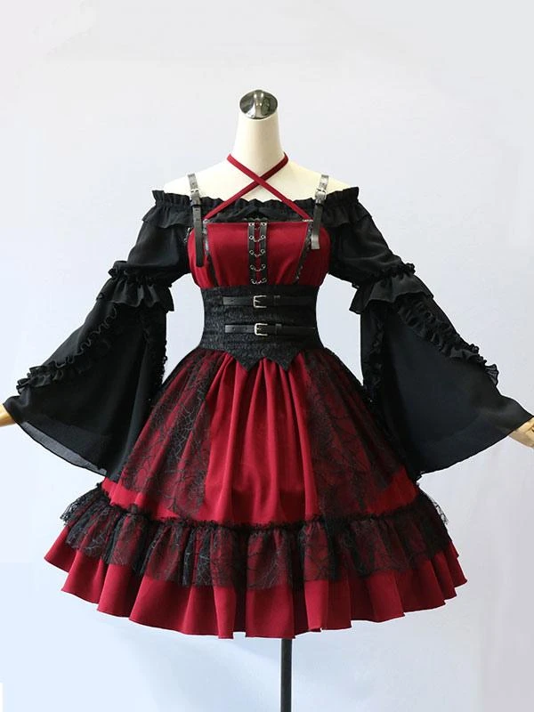 Gothic Lolita JSK Dress Burgundy Polyester Sleeveless Grommets Lace Lace Up Criss-Cross Red Lolita Jumper Skirts - Image 3