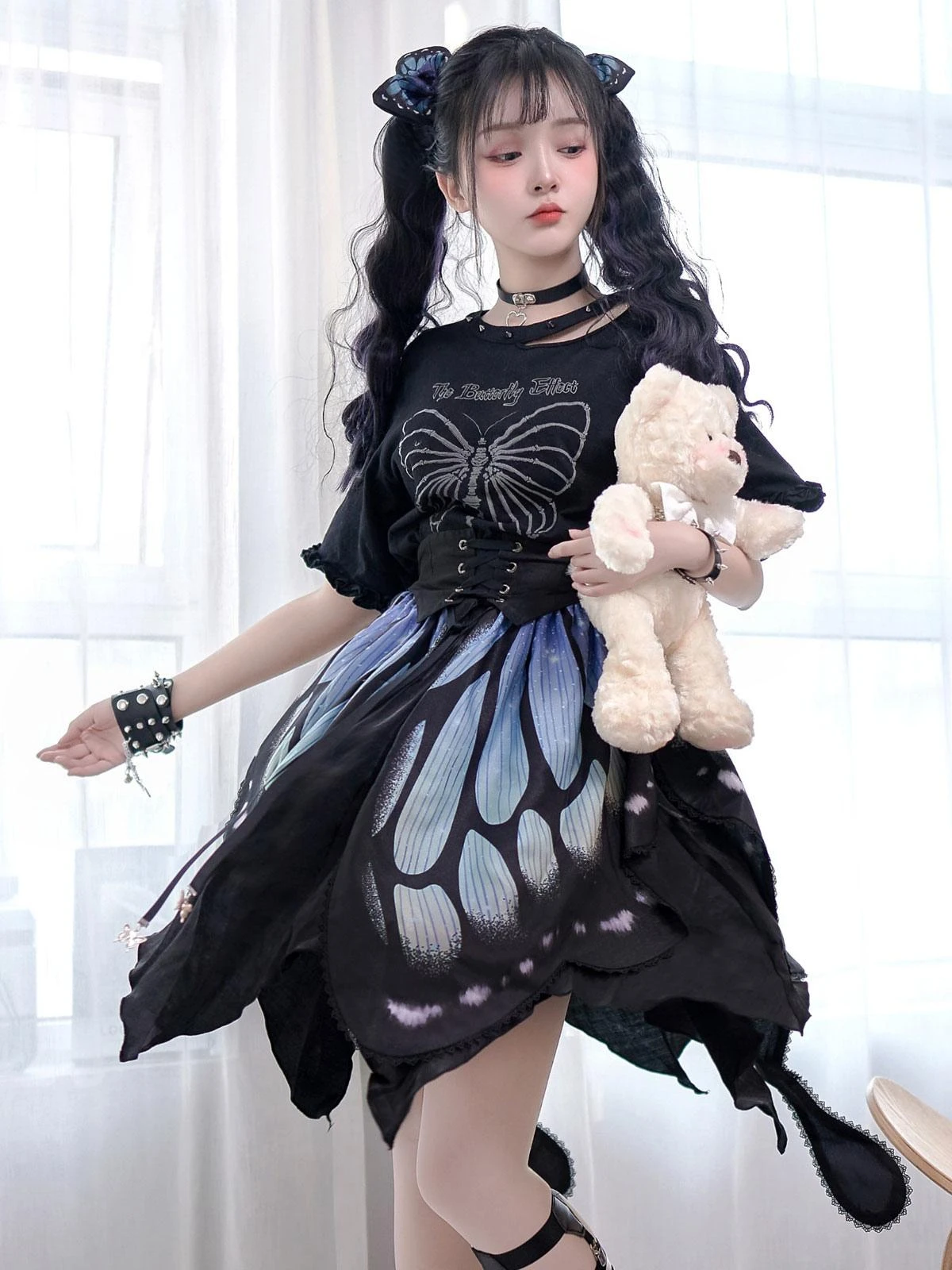 Gothic Lolita SK Deep Blue Butterfly Pattern Steampunk Lolita Cummerbund Skirt 3-Piece Set - Image 6