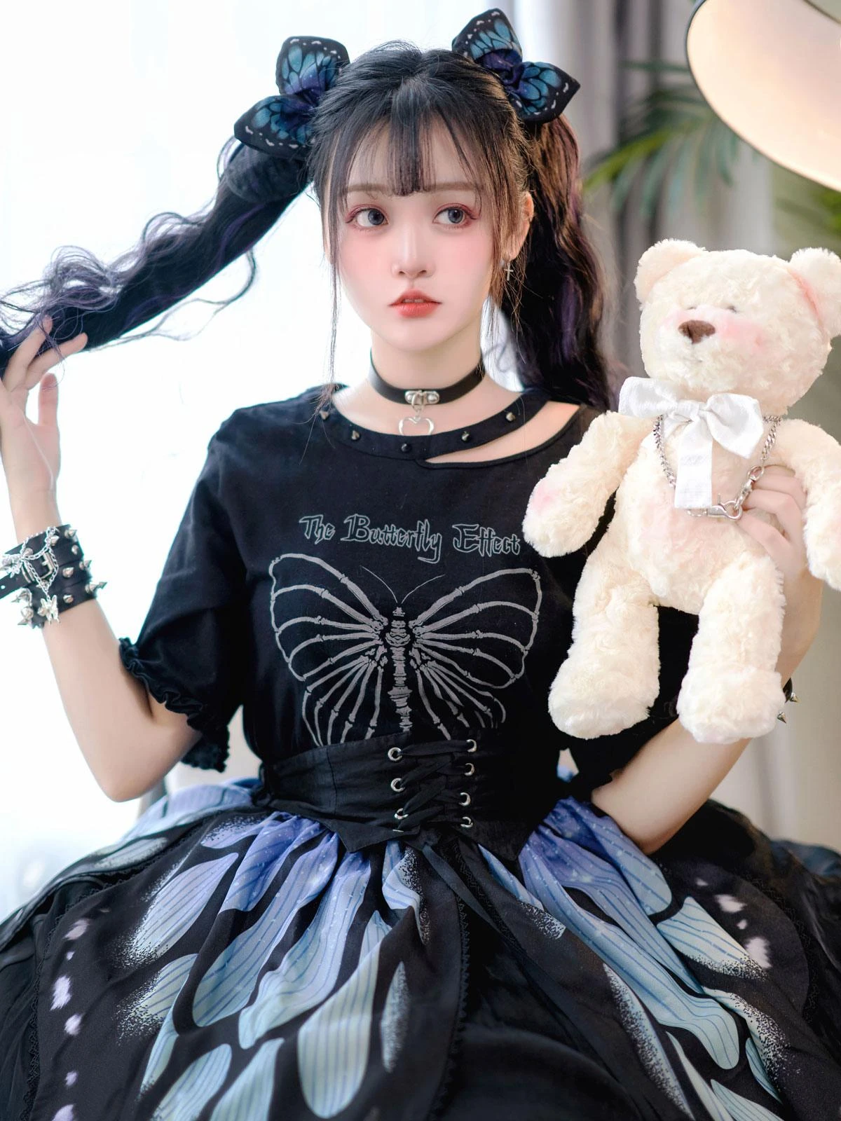 Gothic Lolita SK Deep Blue Butterfly Pattern Steampunk Lolita Cummerbund Skirt 3-Piece Set - Image 5