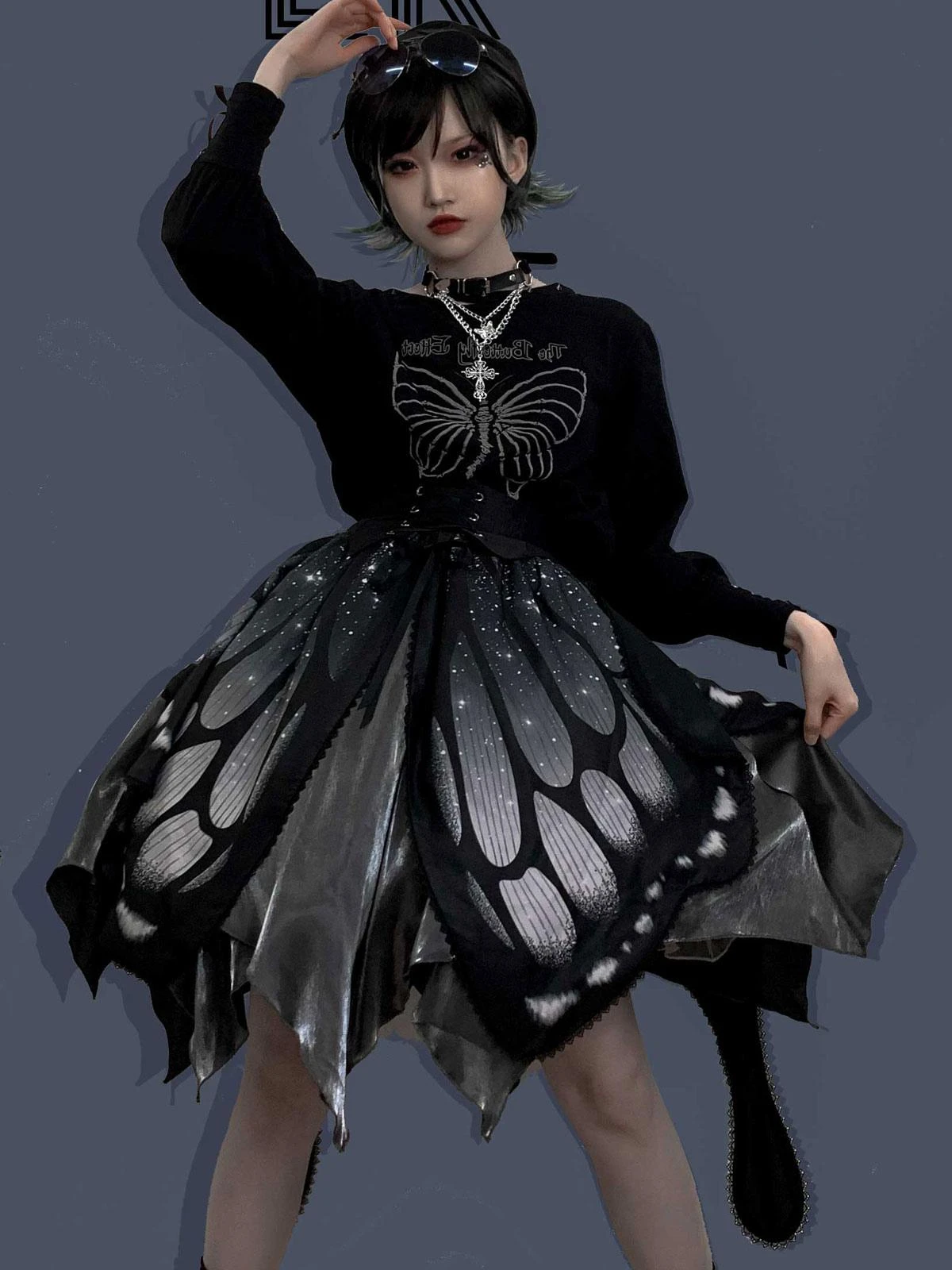 Gothic Lolita SK Deep Blue Butterfly Pattern Steampunk Lolita Cummerbund Skirt 3-Piece Set - Image 8