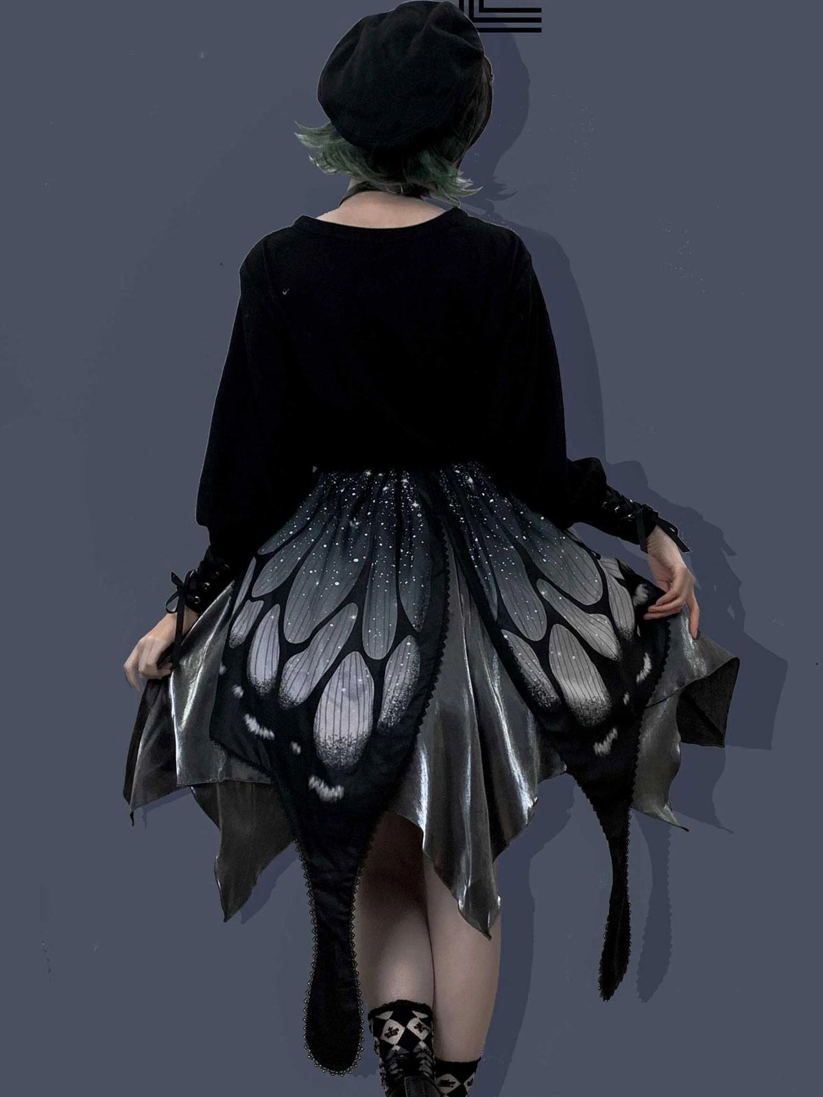 Gothic Lolita SK Deep Blue Butterfly Pattern Steampunk Lolita Cummerbund Skirt 3-Piece Set - Image 3