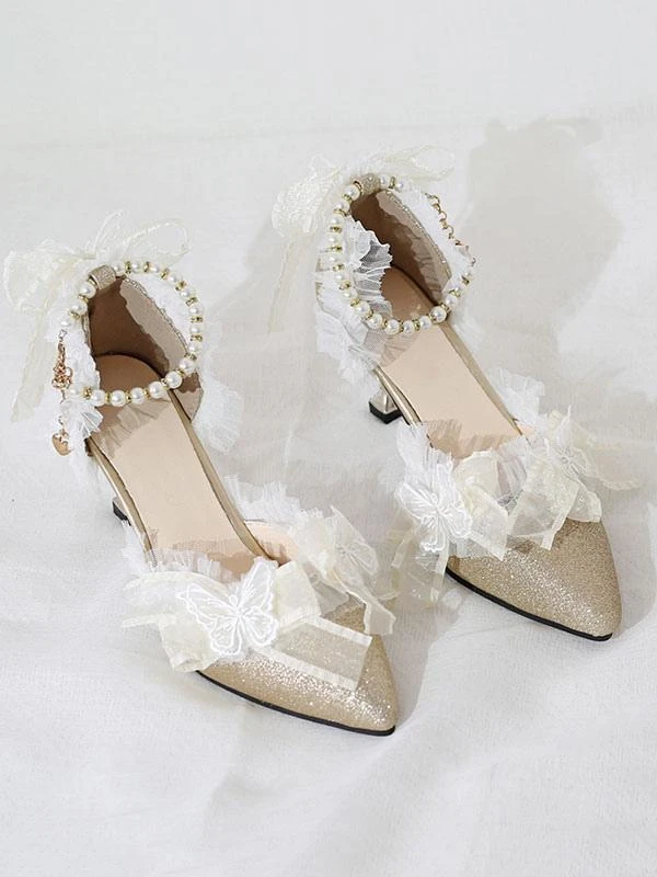 Sweet Lolita Ankle Strap Heel Butterfly Pattern Lace Butterfly Pearls Pointed Toe Monogram Suede Sliver Lolita Shoes - Image 5