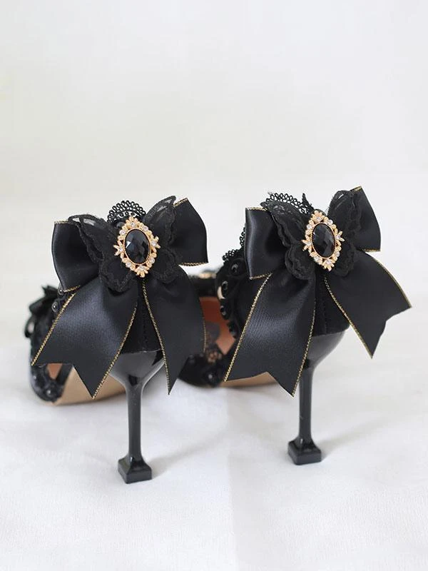 Black Sweet Lolita Ankle Strap Heels Rhinestones Pearls Lace Nubuck Stiletto Heel Lolita Pumps - Image 4