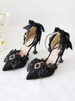 Black Sweet Lolita Ankle Strap Heels Rhinestones Pearls Lace Nubuck Stiletto Heel Lolita Pumps
