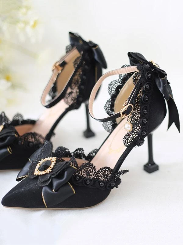 Black Sweet Lolita Ankle Strap Heels Rhinestones Pearls Lace Nubuck Stiletto Heel Lolita Pumps - Image 3