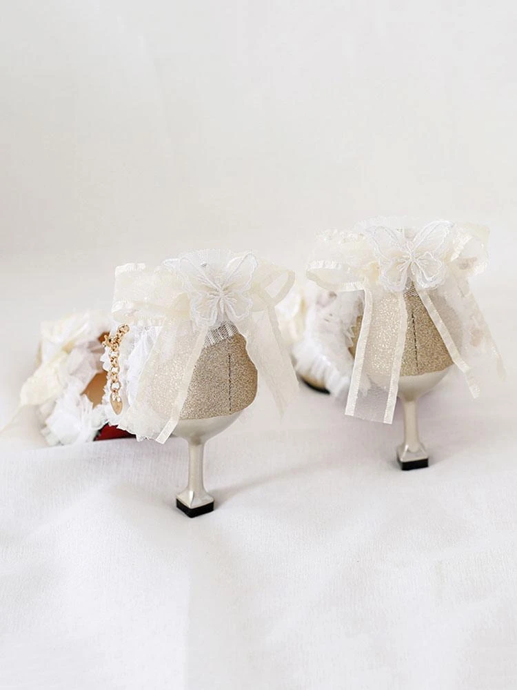 Sweet Lolita Ankle Strap Heel Butterfly Pattern Lace Butterfly Pearls Pointed Toe Monogram Suede Sliver Lolita Shoes - Image 6