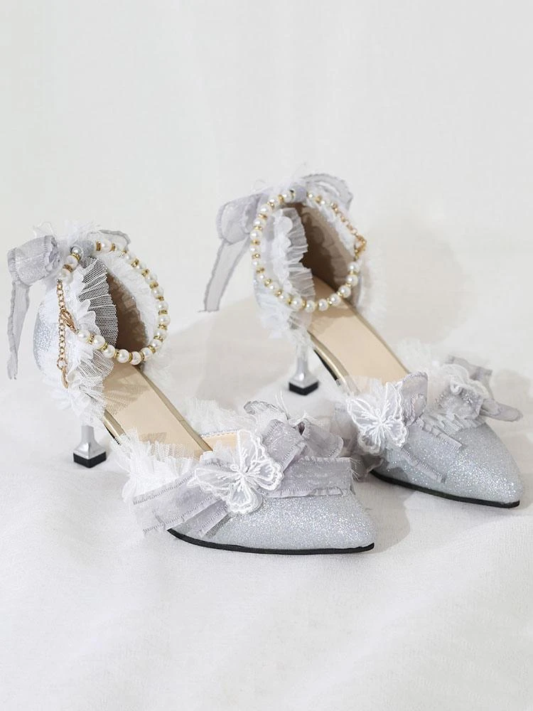 Sweet Lolita Ankle Strap Heel Butterfly Pattern Lace Butterfly Pearls Pointed Toe Monogram Suede Sliver Lolita Shoes