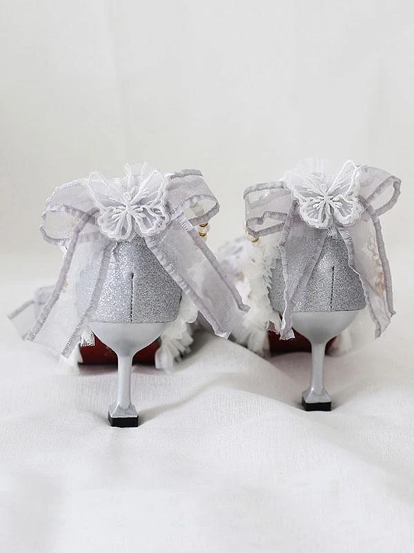 Sweet Lolita Ankle Strap Heel Butterfly Pattern Lace Butterfly Pearls Pointed Toe Monogram Suede Sliver Lolita Shoes - Image 4