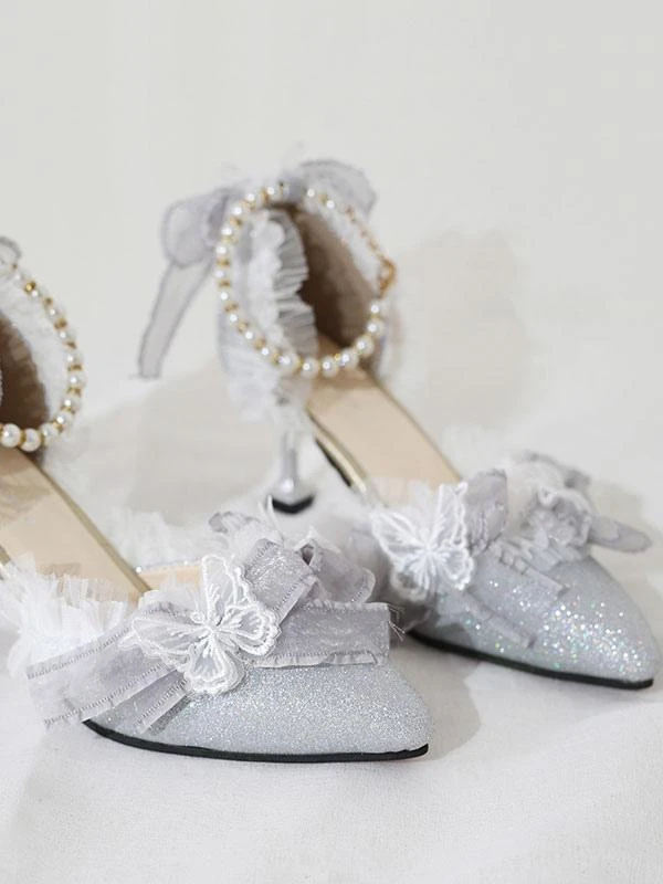 Sweet Lolita Ankle Strap Heel Butterfly Pattern Lace Butterfly Pearls Pointed Toe Monogram Suede Sliver Lolita Shoes - Image 2