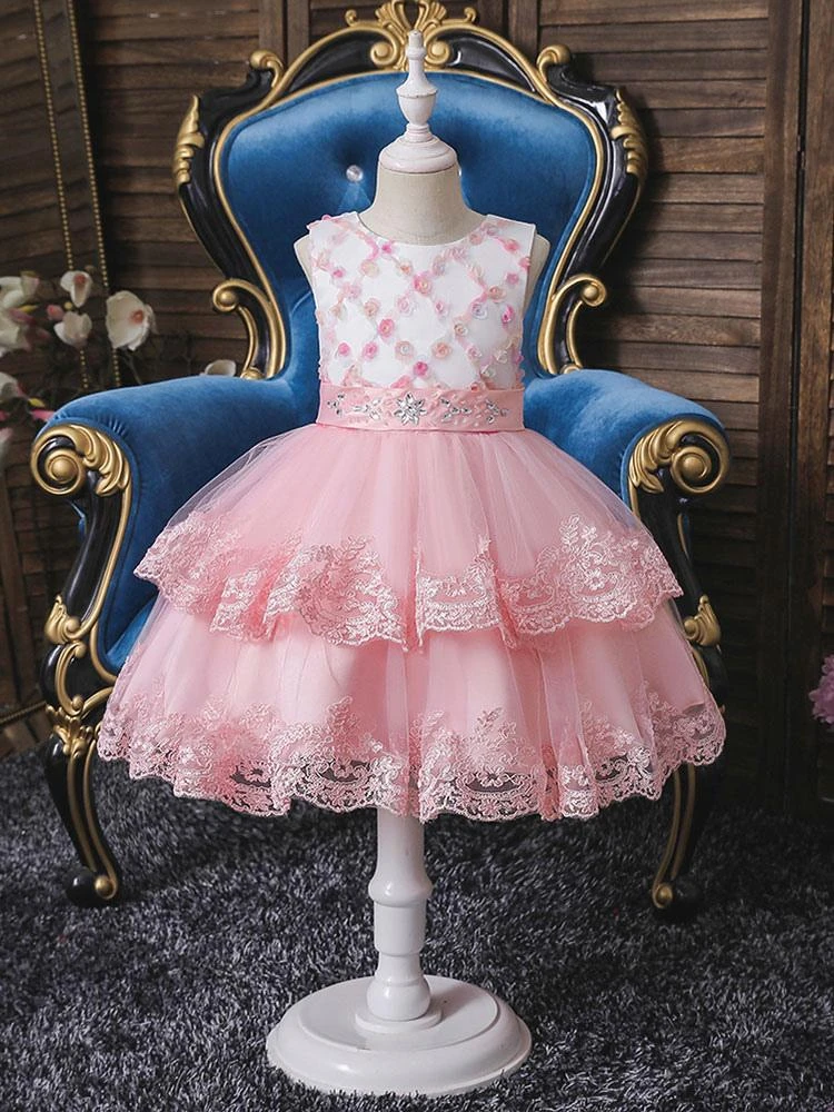 Flower Girl Dresses Light Blue Jewel Neck Sleeveless Polyester Tulle Embroidered Kids Party Dresses - Image 8