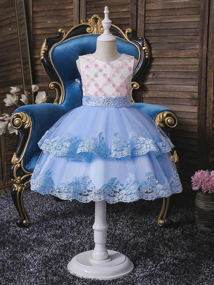 Flower Girl Dresses Light Blue Jewel Neck Sleeveless Polyester Tulle Embroidered Kids Party Dresses - Image 2