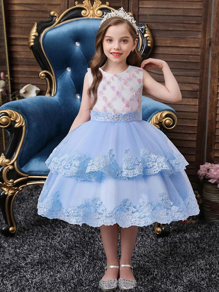 Flower Girl Dresses Light Blue Jewel Neck Sleeveless Polyester Tulle Embroidered Kids Party Dresses