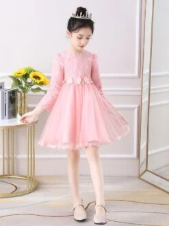 Flower Girl Dresses Light Pink Jewel Neck Long Sleeves Beaded Polyester Tulle Lace Polyester Cotton Kids Social Party Dresses