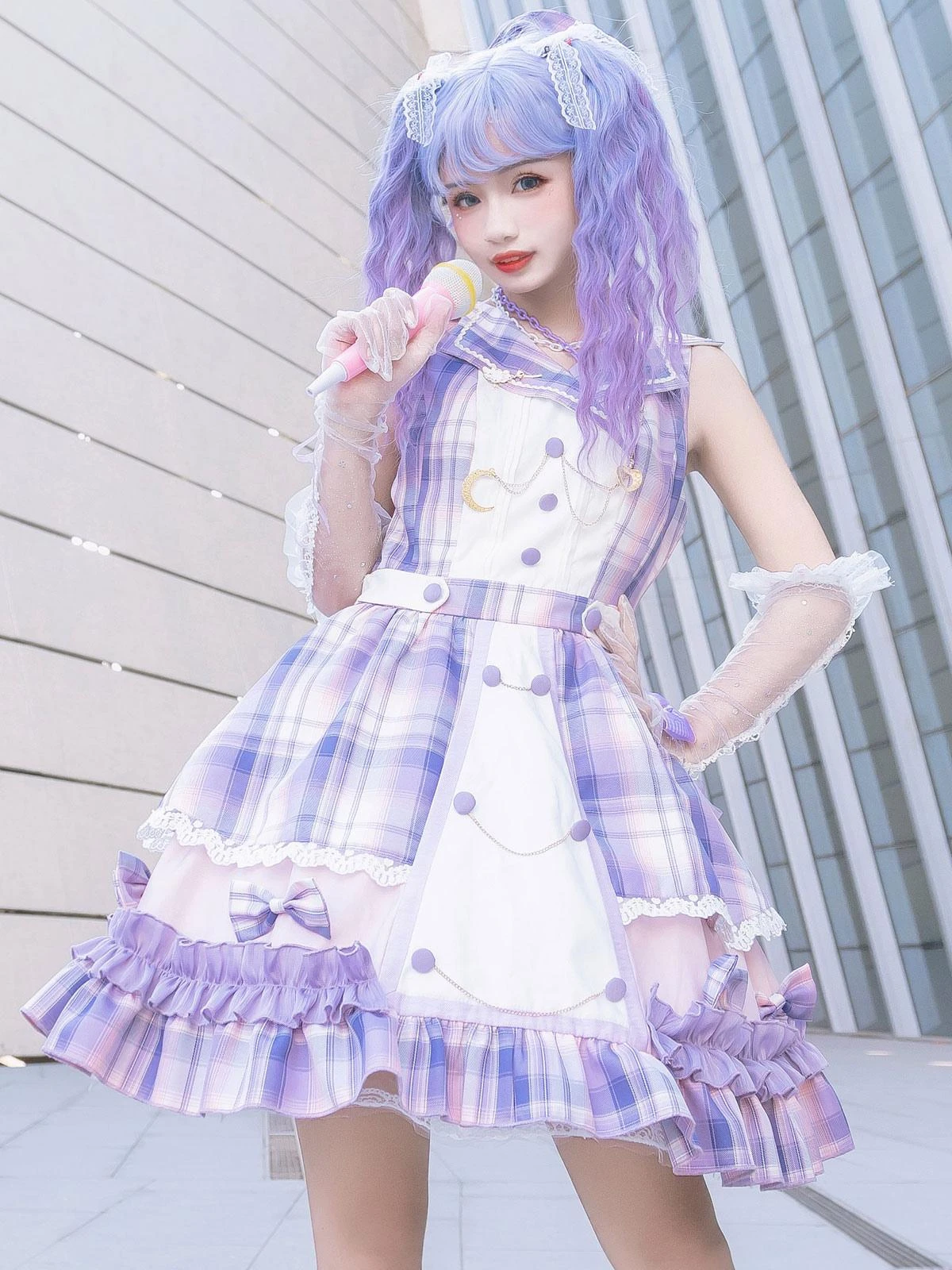 Idol Clothes Lolita JSK Dress Lilac Print Pattern Bows Metal Details Sleeveless Polyester Lolita Jumper Skirts - Image 4