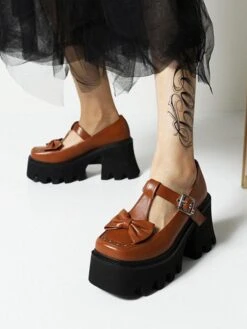 Academic Lolita Shoes Coffee Brown PU Leather Wedge Heel Lolita Shoes