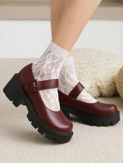 Academic Lolita Shoes Burgundy Round Toe PU Leather Lolita Pumps